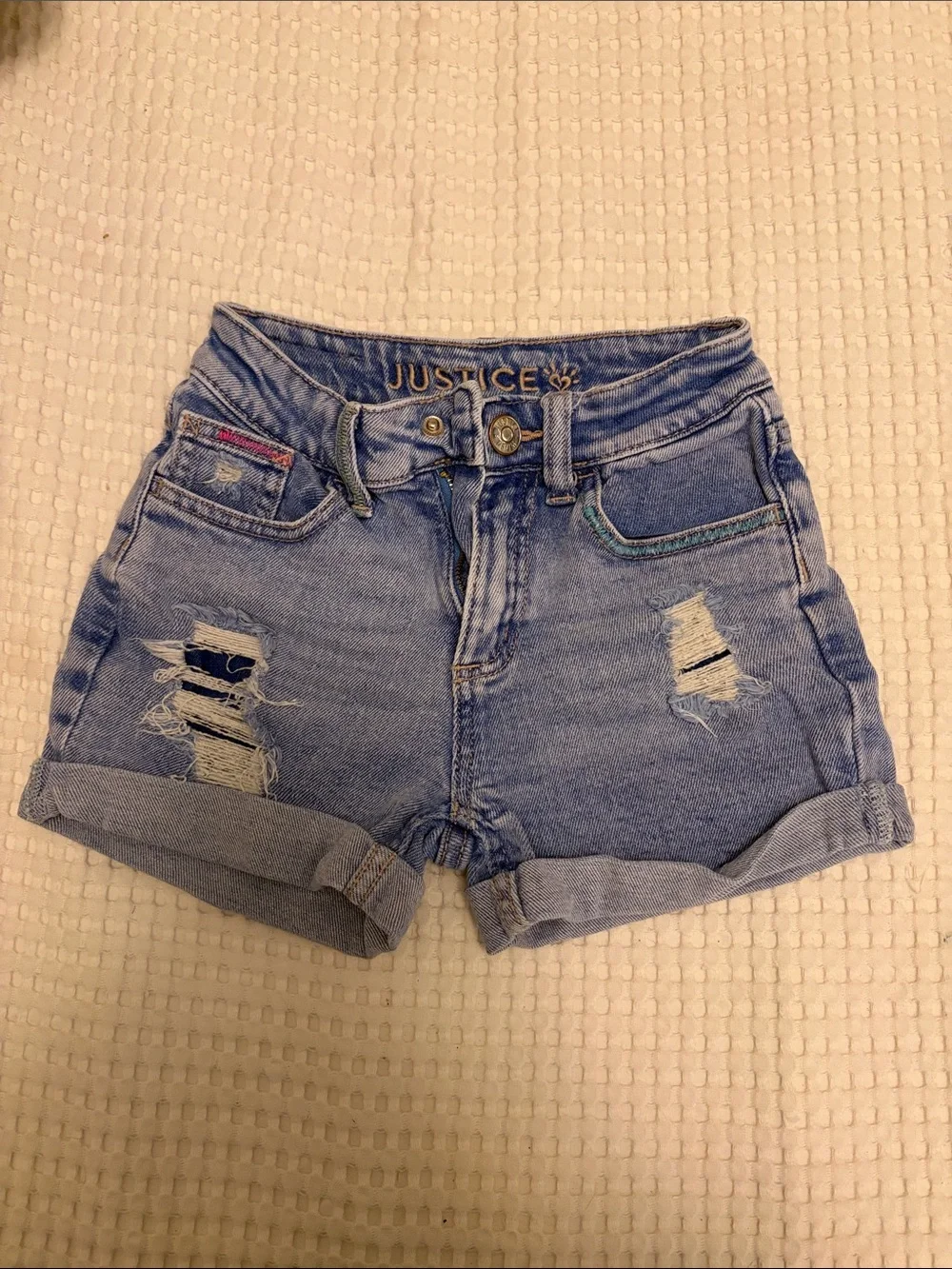 Justice Light Blue Distressed Rolled Cuff Denim Shorts